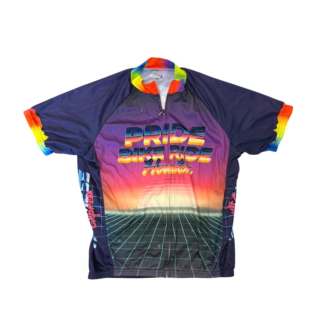 Primal Wear Pride Bike Ride Houston Cycling Jersey Men L 80s Synthwave Rainbow